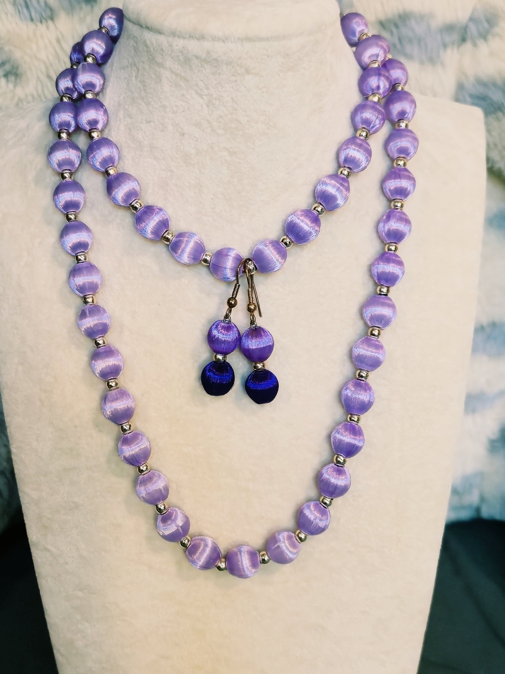 Vintage Lavender Silk Wrapped Beaded Necklace and Earring Set - Women Jewelry